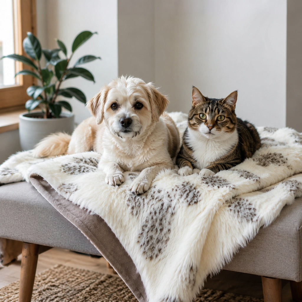 Tösse Wendedecke Braun und Weiß mit Hund und Katze im Wohnzimmer