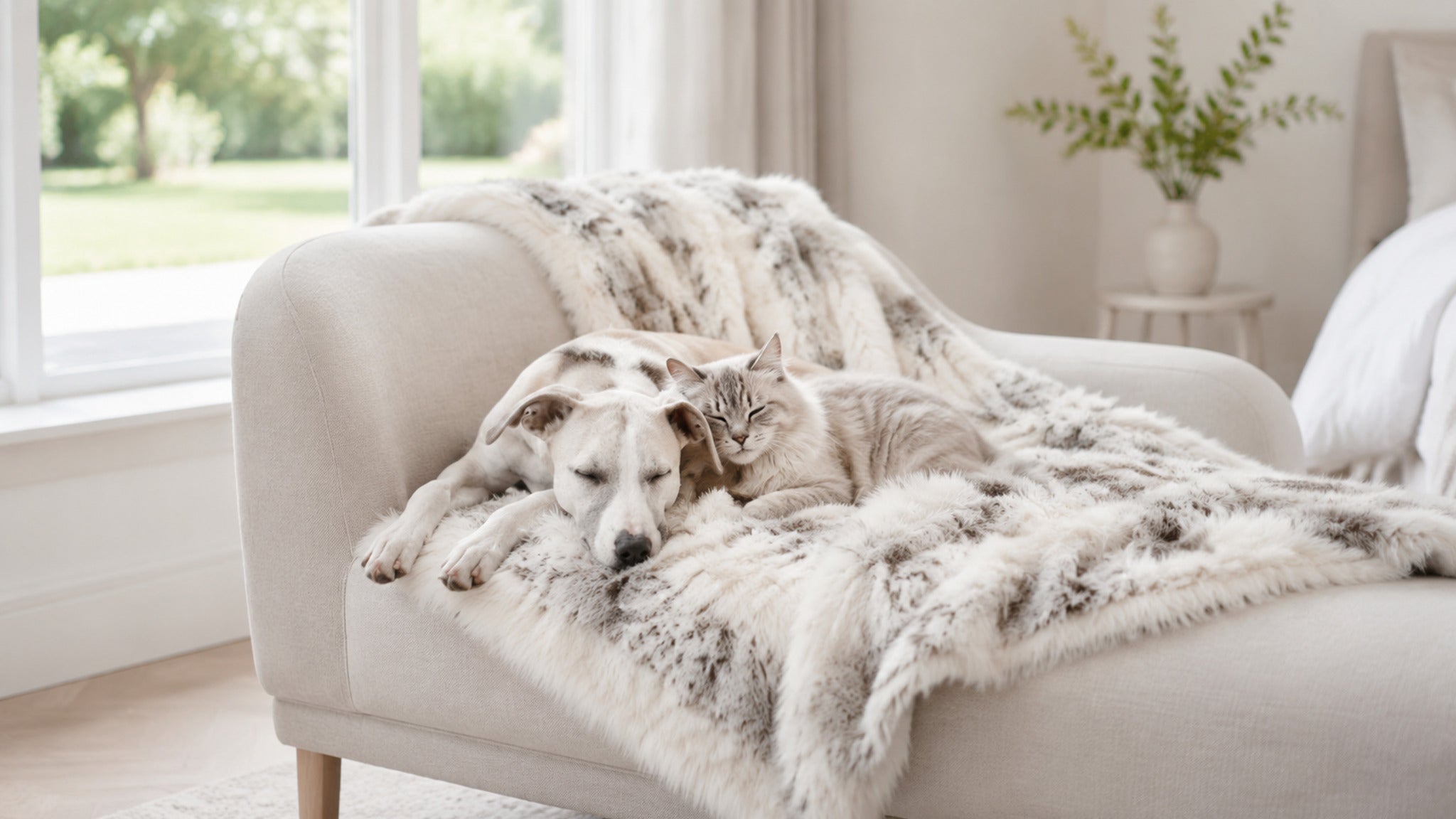 Braun-weiße Tösse Kuscheldecke mit Hund und Katze am großen Fenster