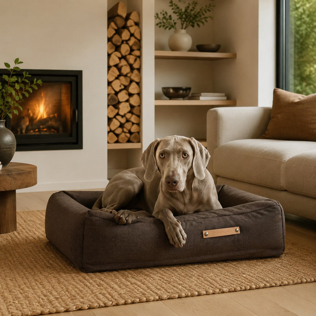 Töve Hundekissen – Braun – Elegante Wohnszene mit Haustier