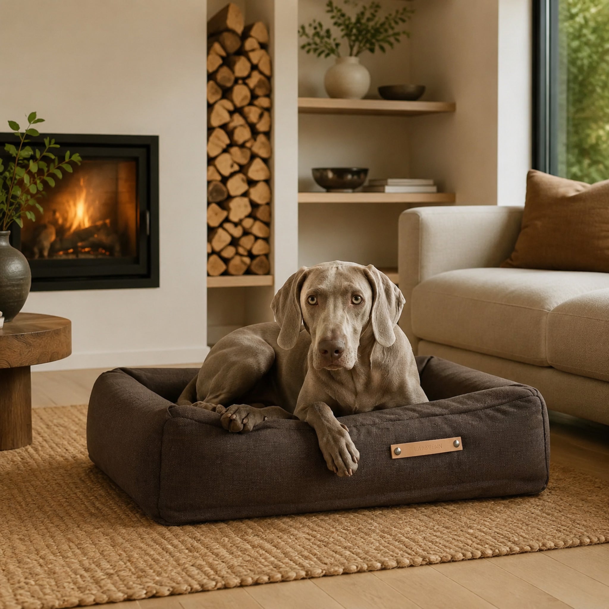 Töve Hundekissen – Braun – Elegante Wohnszene mit Haustier