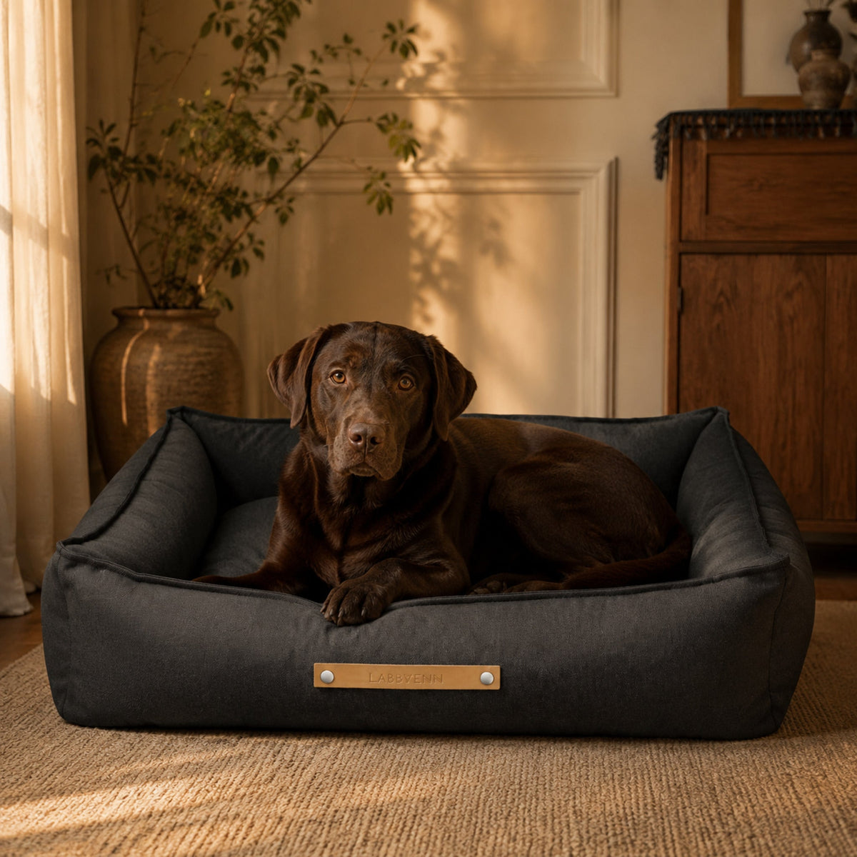 Töve Hundebett – Anthrazit – Elegante Wohnszene mit Haustier