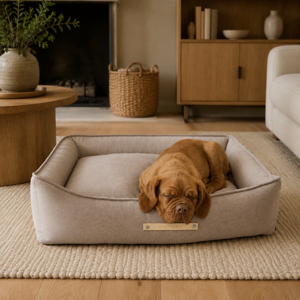 Töve Hundebett – Nussbraun – Elegante Wohnszene mit Haustier
