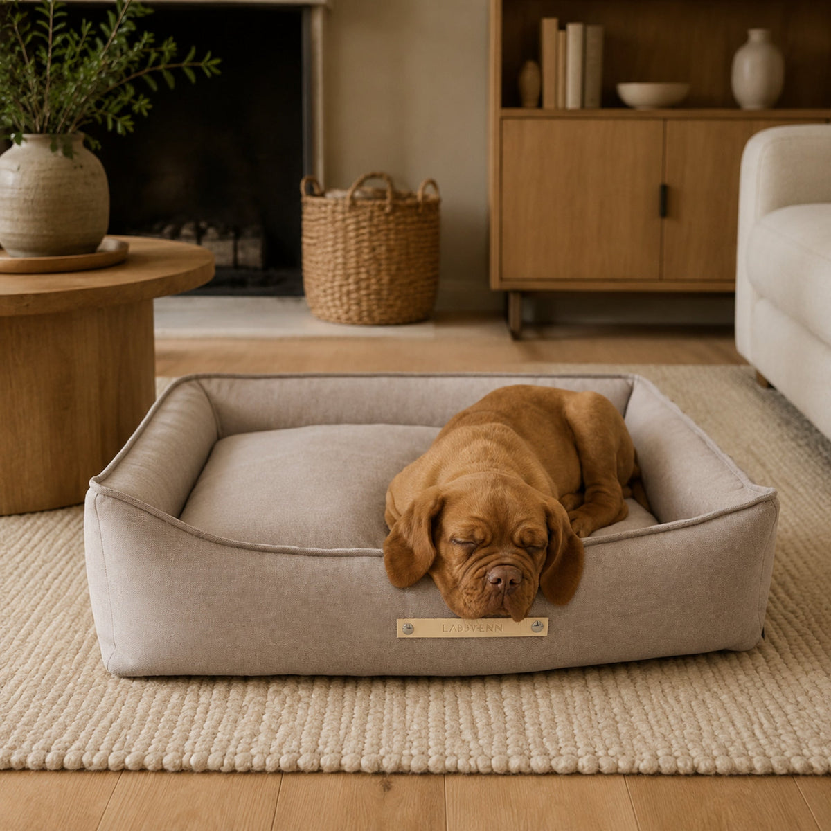 Töve Hundebett – Nussbraun – Elegante Wohnszene mit Haustier
