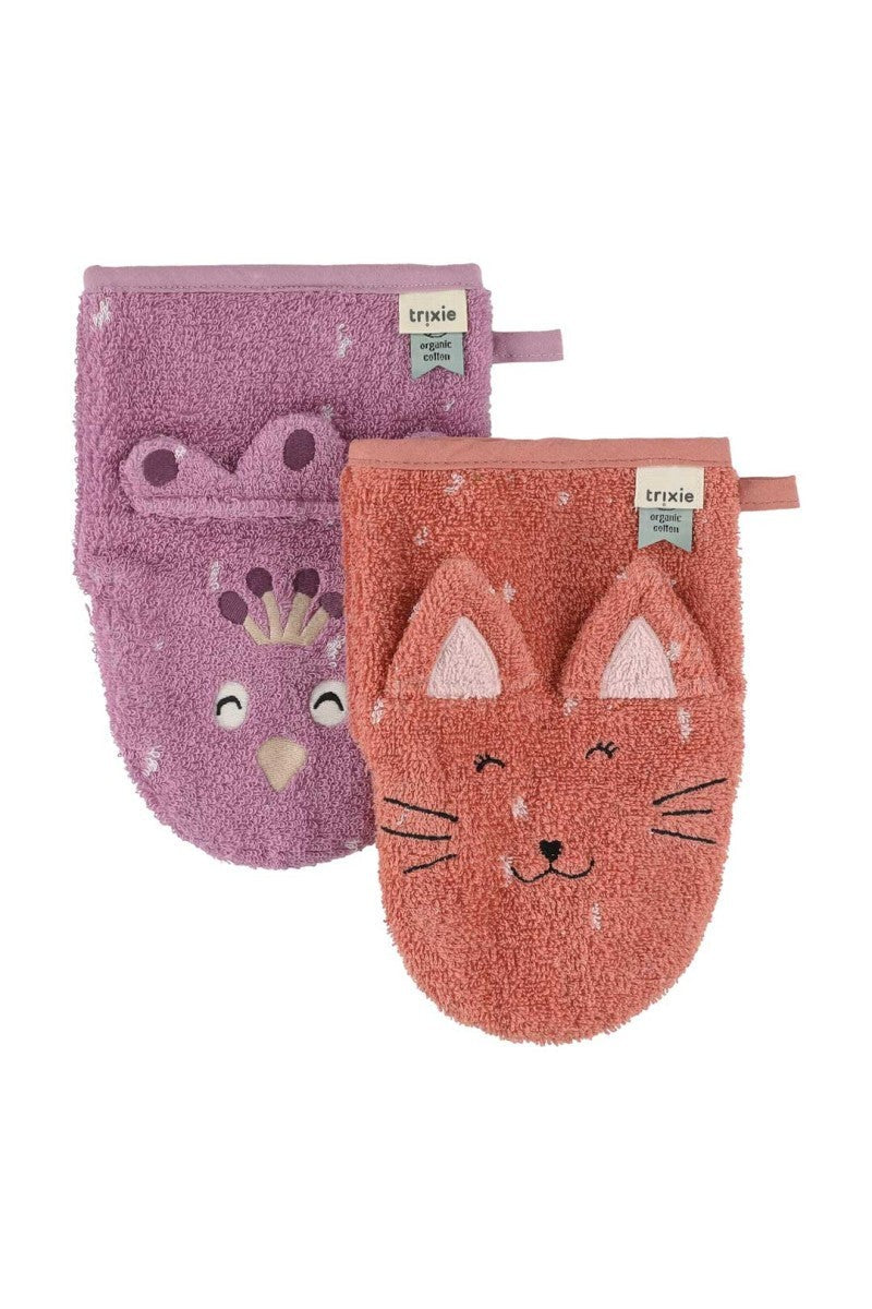 Trixie Baby-Waschhandschuhe aus Bio-Baumwolle, 2er-Set – Mrs. Cat & Mrs. Peacock – Originalansicht
