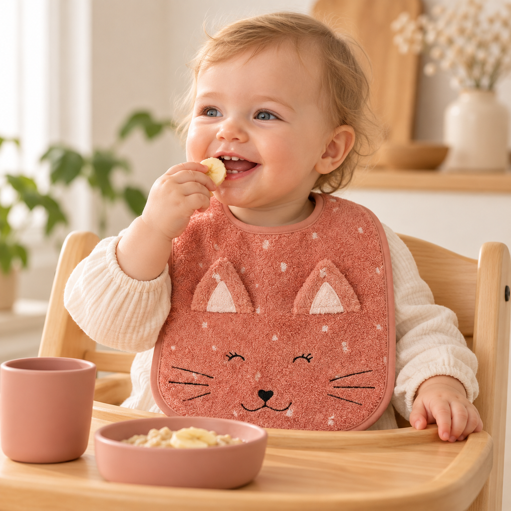 Mrs. Cat Baby-Lätzchen beim Essen – weicher Bio-Baumwoll-Frottee