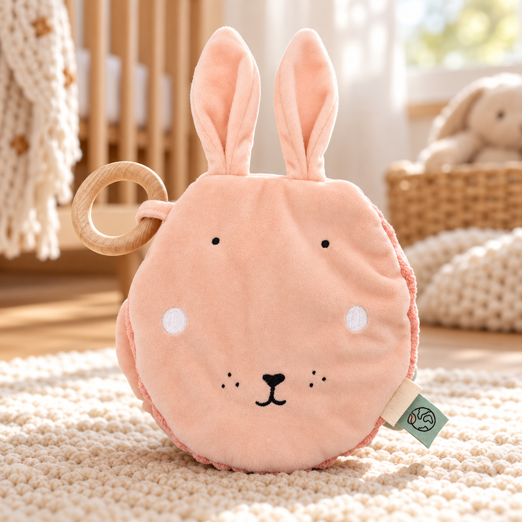Sensorisches Stoffbuch für Babys – Mrs. Rabbit – Premium Produktaufnahme im Kinderzimmer
