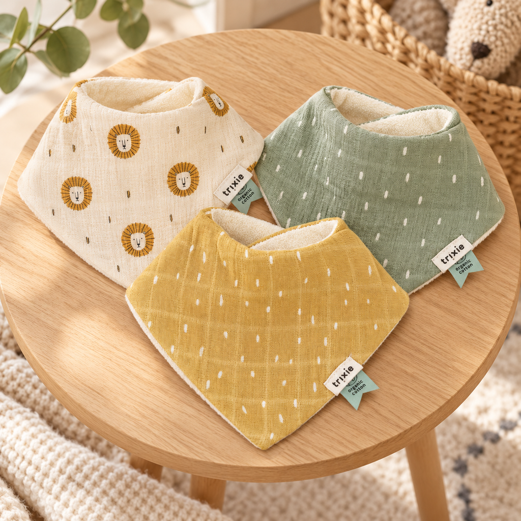 Trixie Baby-Bandana-Lätzchen aus Bio-Baumwolle, 3er-Set – Lively Lion – Lifestyleaufnahme