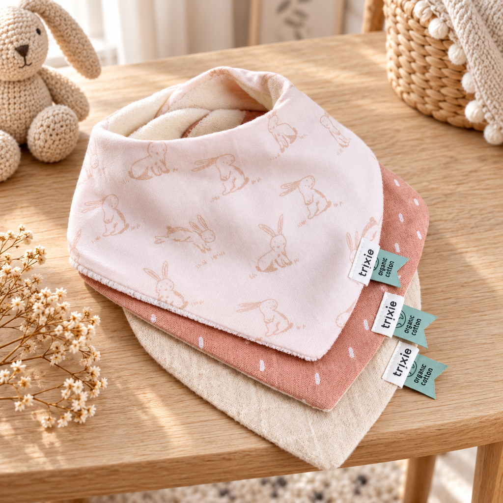 Trixie Baby-Bandana-Lätzchen aus Bio-Baumwolle, 3er-Set – Rosy Rabbit – Lifestyleaufnahme