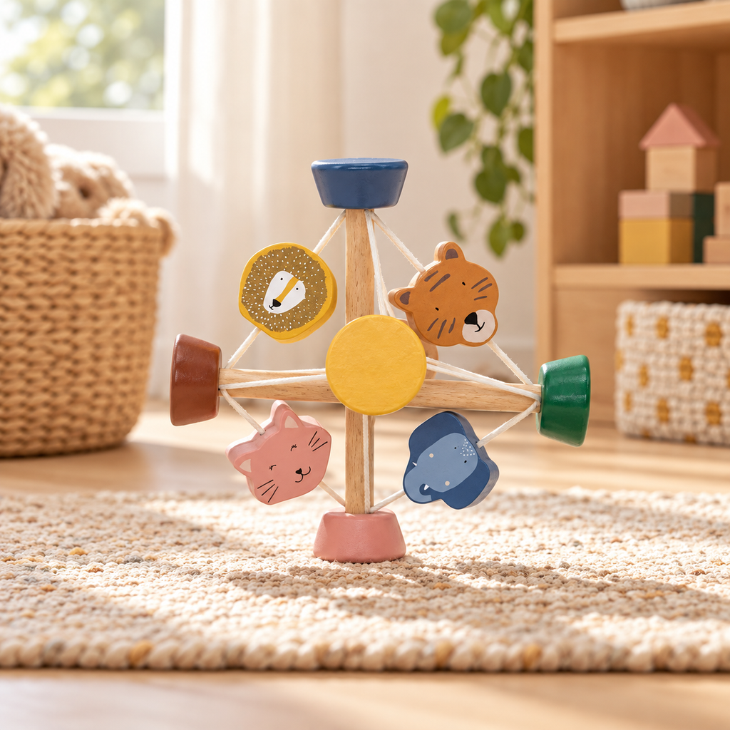 Trixie Baby-Aktivitätsball aus Holz – Tierfreunde – Premium Lifestyleaufnahme
