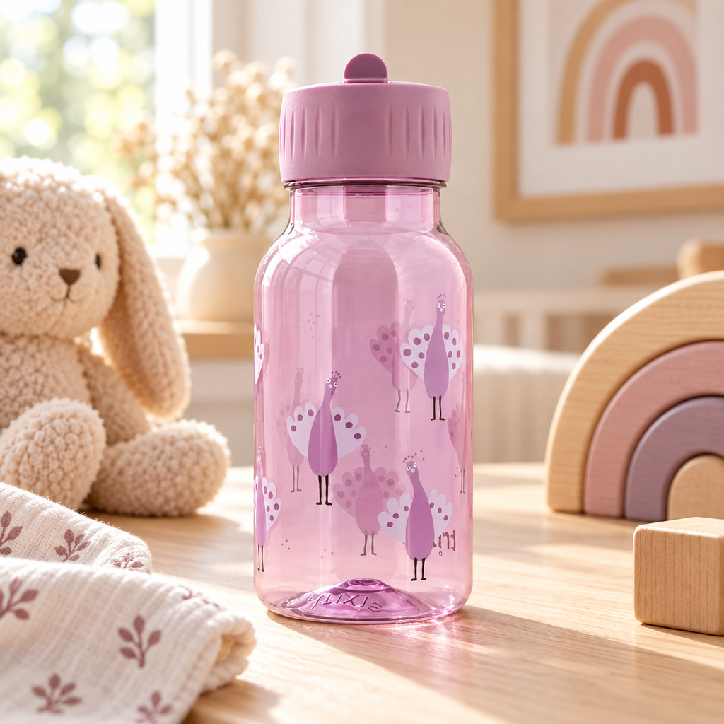 Trixie Tritan-Trinkflasche 350 ml – Proud Peacock – Premium Lifestyleaufnahme