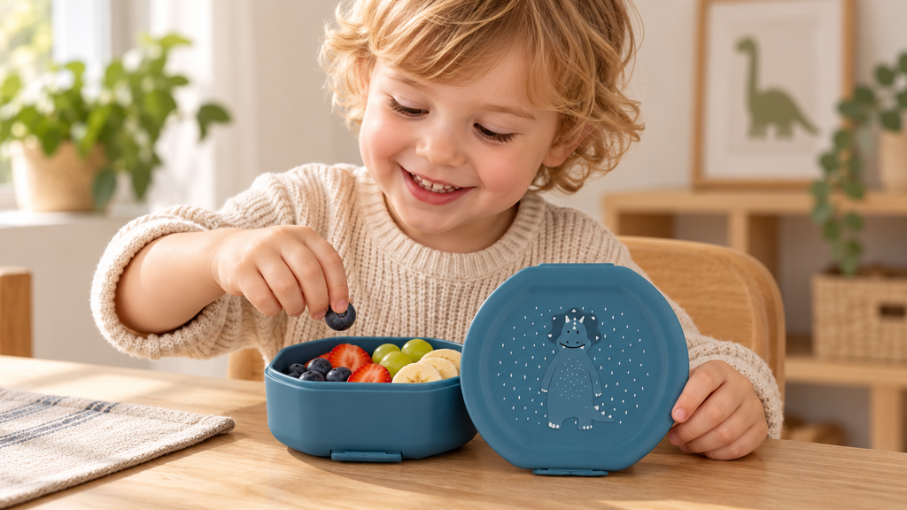 Trixie Snackbehälter mit Clips, 2er-Set – Mr. Triceratops mit Kind im Alltag