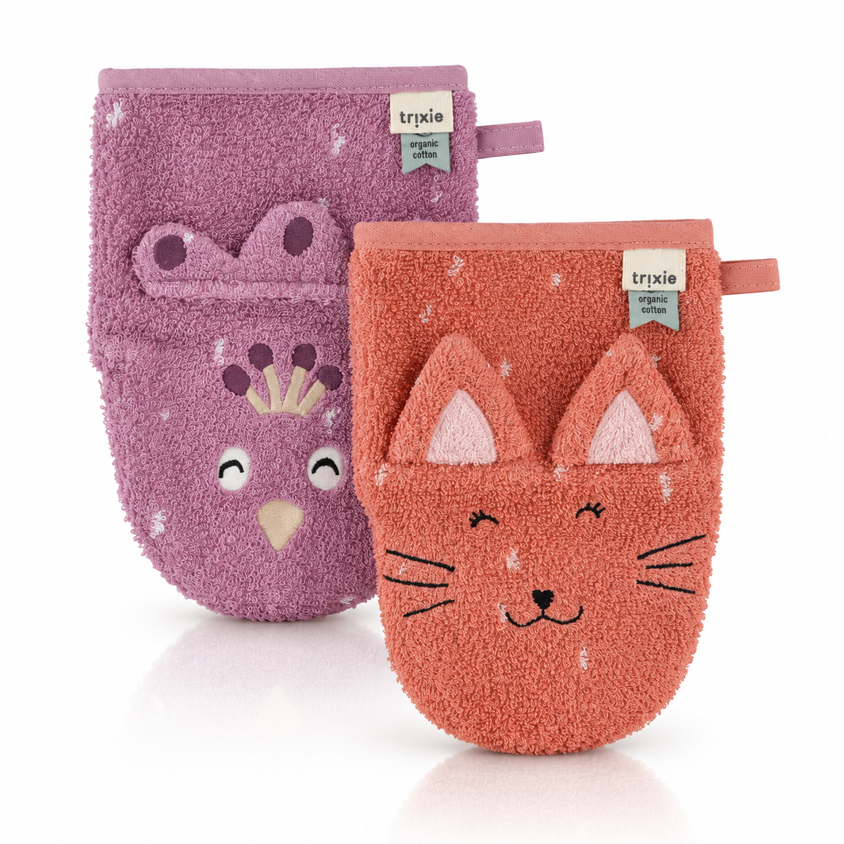 Trixie Baby-Waschhandschuhe aus Bio-Baumwolle, 2er-Set – Mrs. Cat & Mrs. Peacock – Premium Produktbild