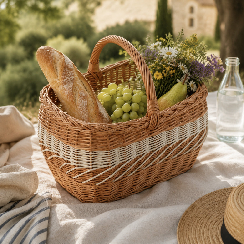 Walburga Weidenkorb beim Picknick mit Brot und Trauben