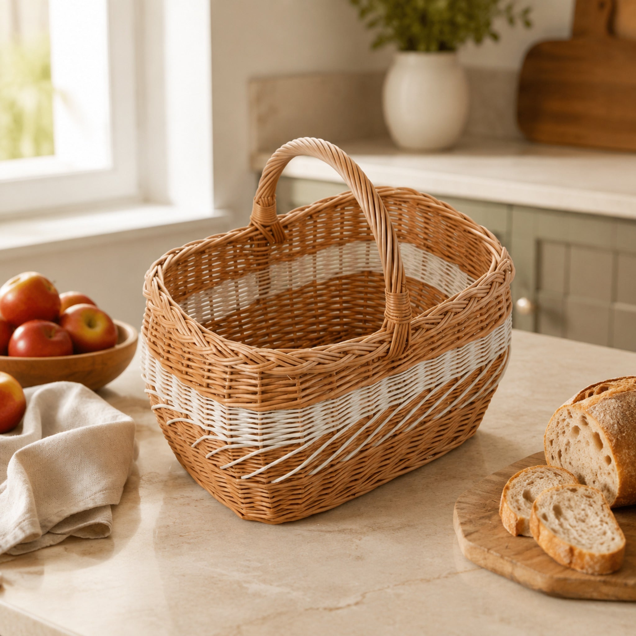 Walburga Naturkorb mit Brot und Äpfeln in der Küche