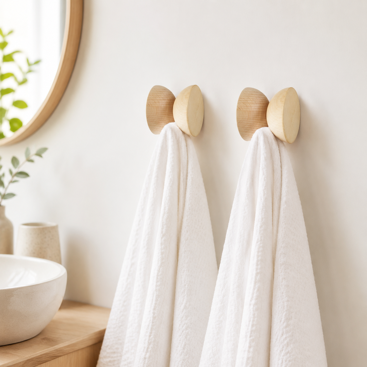 Wandhaken aus Buchenholz – 2 Stück – im hellen Badezimmer