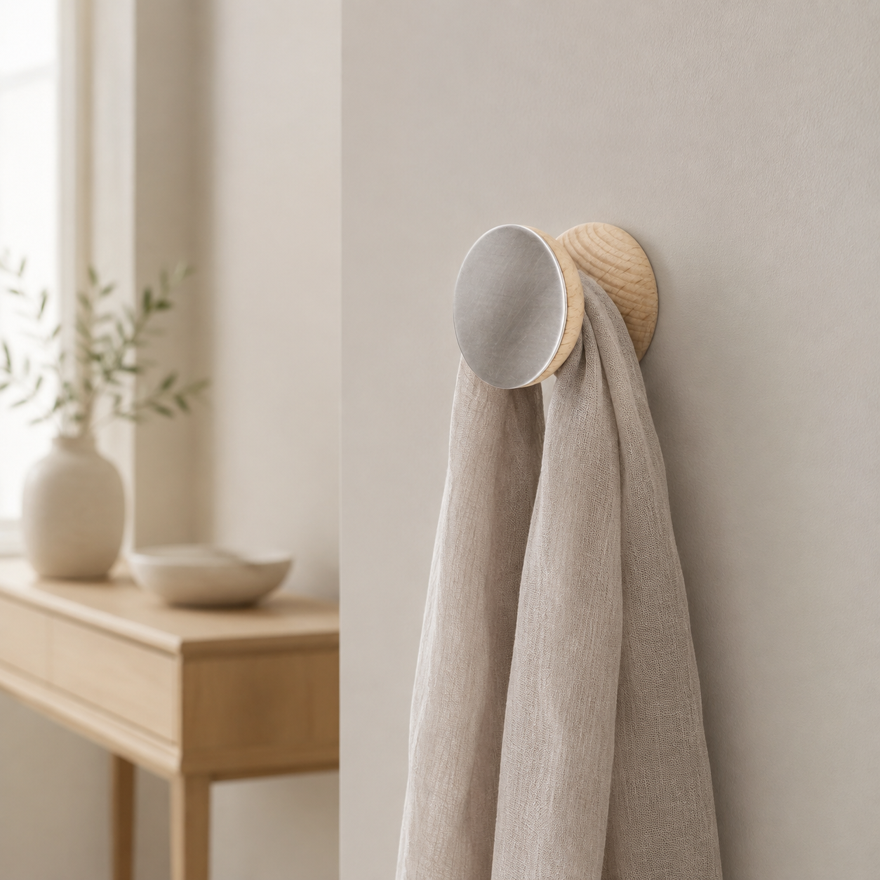 Wandhaken aus Buchenholz & Aluminium – im Flur mit leichter Leinen-Schal