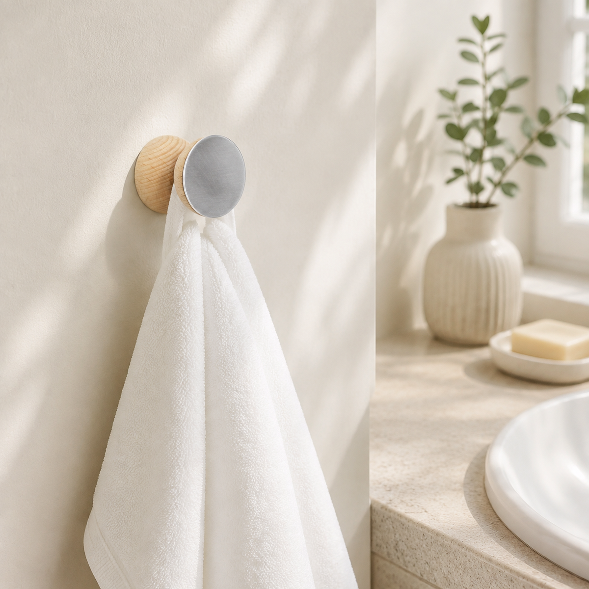 Wandhaken aus Buchenholz & Aluminium – im Badezimmer mit weißem Handtuch