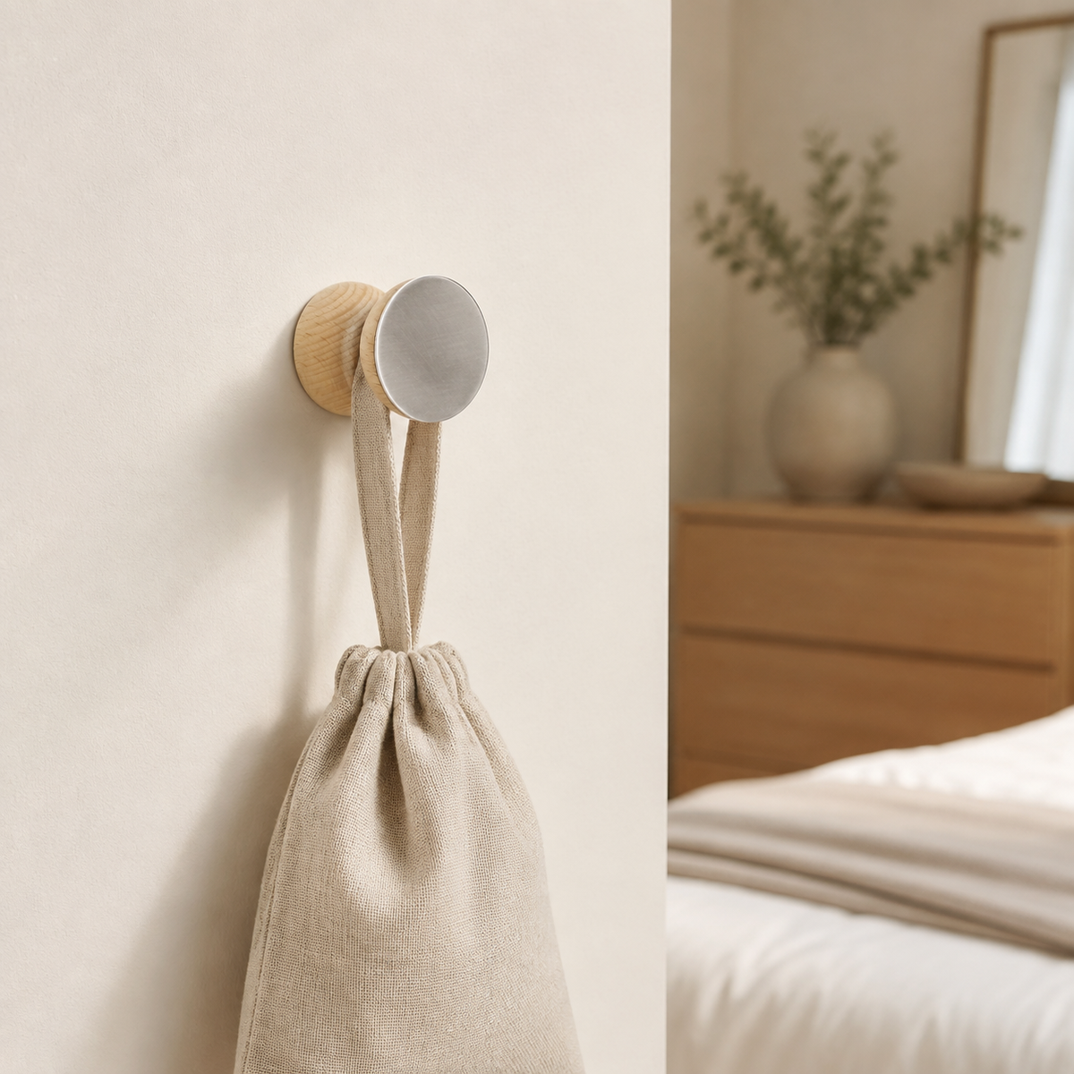 Wandhaken aus Buchenholz & Aluminium – im Schlafzimmer mit neutralem Stoffbeutel