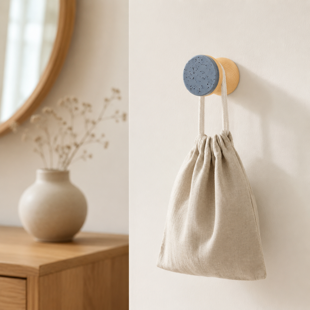 Wandhaken aus Buchenholz & Keramik – Blau Schwarz Sprenkel – im Schlafzimmer mit neutralem Stoffbeutel