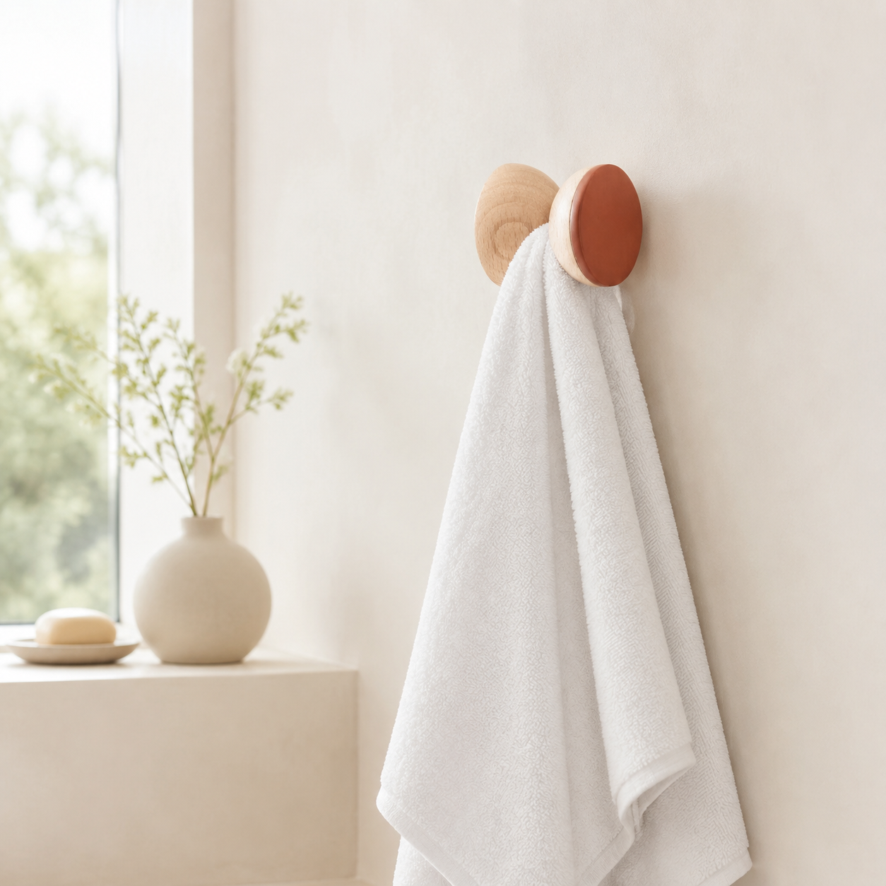 Wandhaken aus Buchenholz & Keramik – Dark Terrakotta-Orange – im Badezimmer mit weißem Handtuch