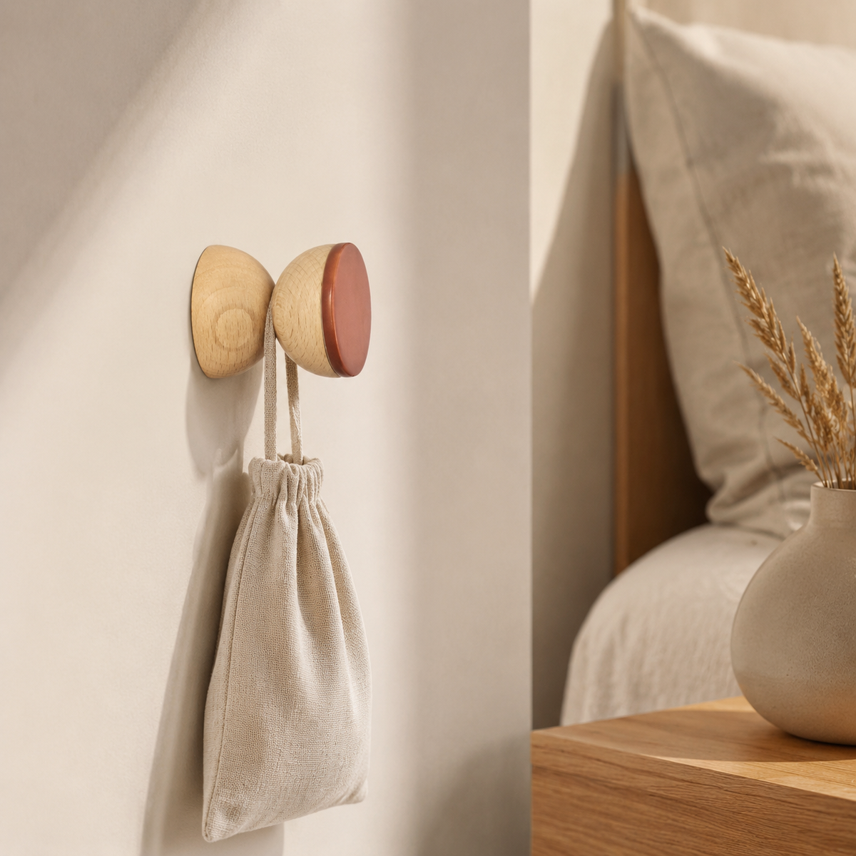 Wandhaken aus Buchenholz & Keramik – Dark Terrakotta-Orange – im Schlafzimmer mit neutralem Stoffbeutel