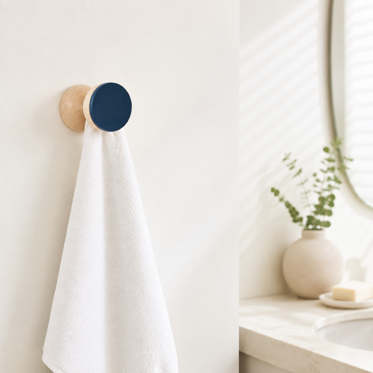 Wandhaken aus Buchenholz & Keramik – Dunkelblau – im Badezimmer mit weißem Handtuch
