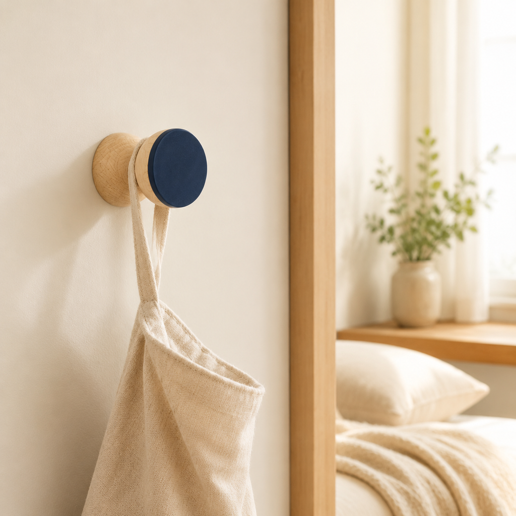 Wandhaken aus Buchenholz & Keramik – Dunkelblau – im Schlafzimmer mit neutralem Stoffbeutel