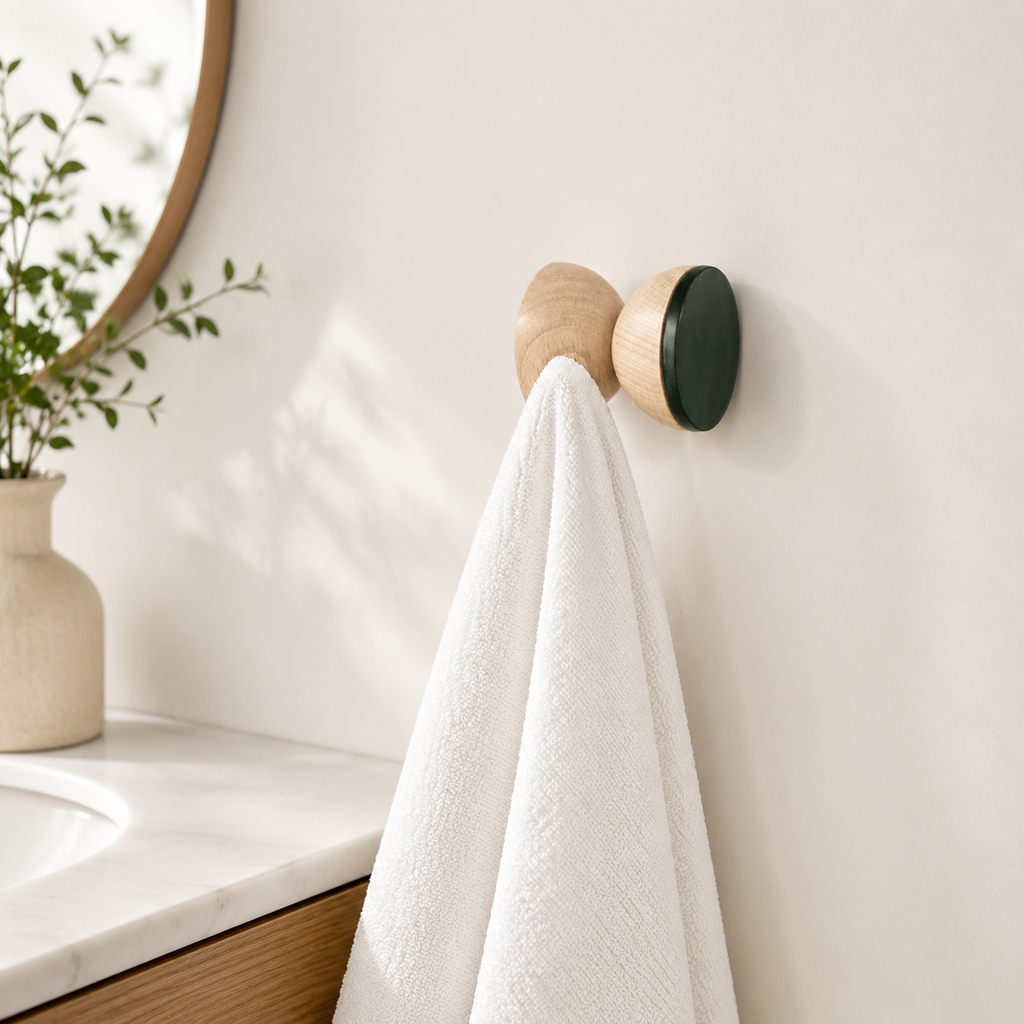 Wandhaken aus Buchenholz & Keramik – Dunkelgrün – im Badezimmer mit weißem Handtuch