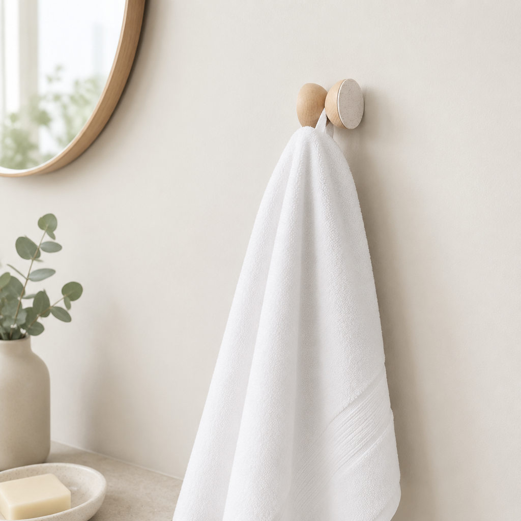 Wandhaken aus Buchenholz & Keramik – Grauer Sand – im Badezimmer mit weißem Handtuch
