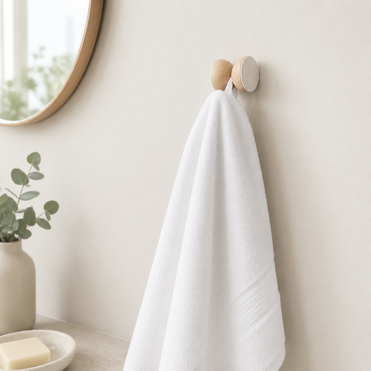 Wandhaken aus Buchenholz & Keramik – Grauer Sand – im Badezimmer mit weißem Handtuch