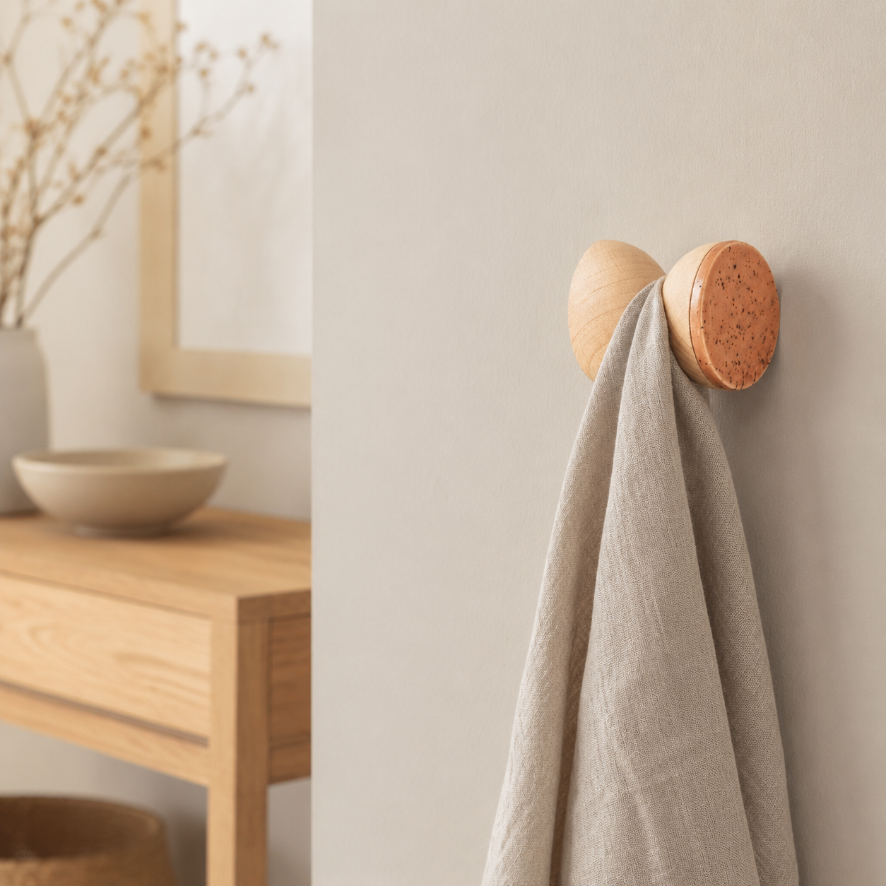 Wandhaken aus Buchenholz & Keramik – Terrakotta-Orange Sprenkel – im eleganten Flurambiente