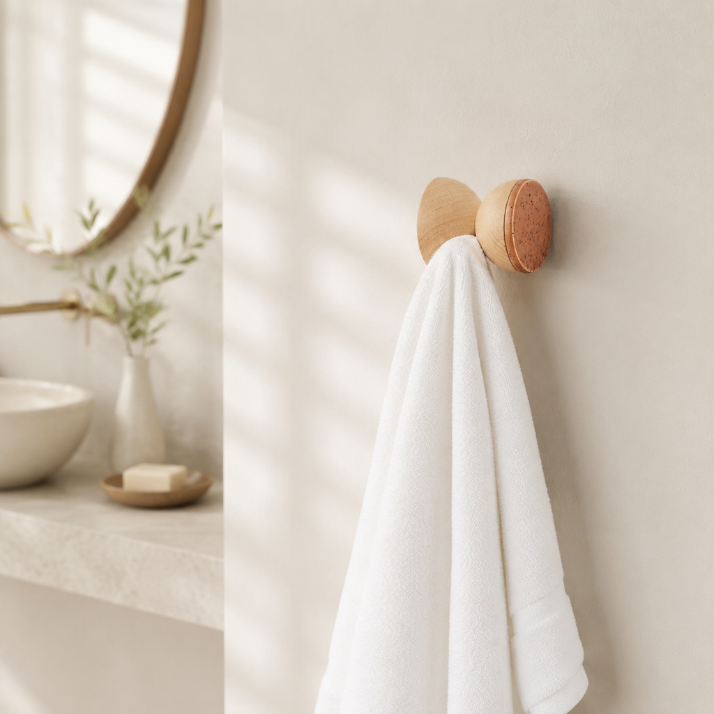 Wandhaken aus Buchenholz & Keramik – Terrakotta-Orange Sprenkel – im hellen Badezimmer