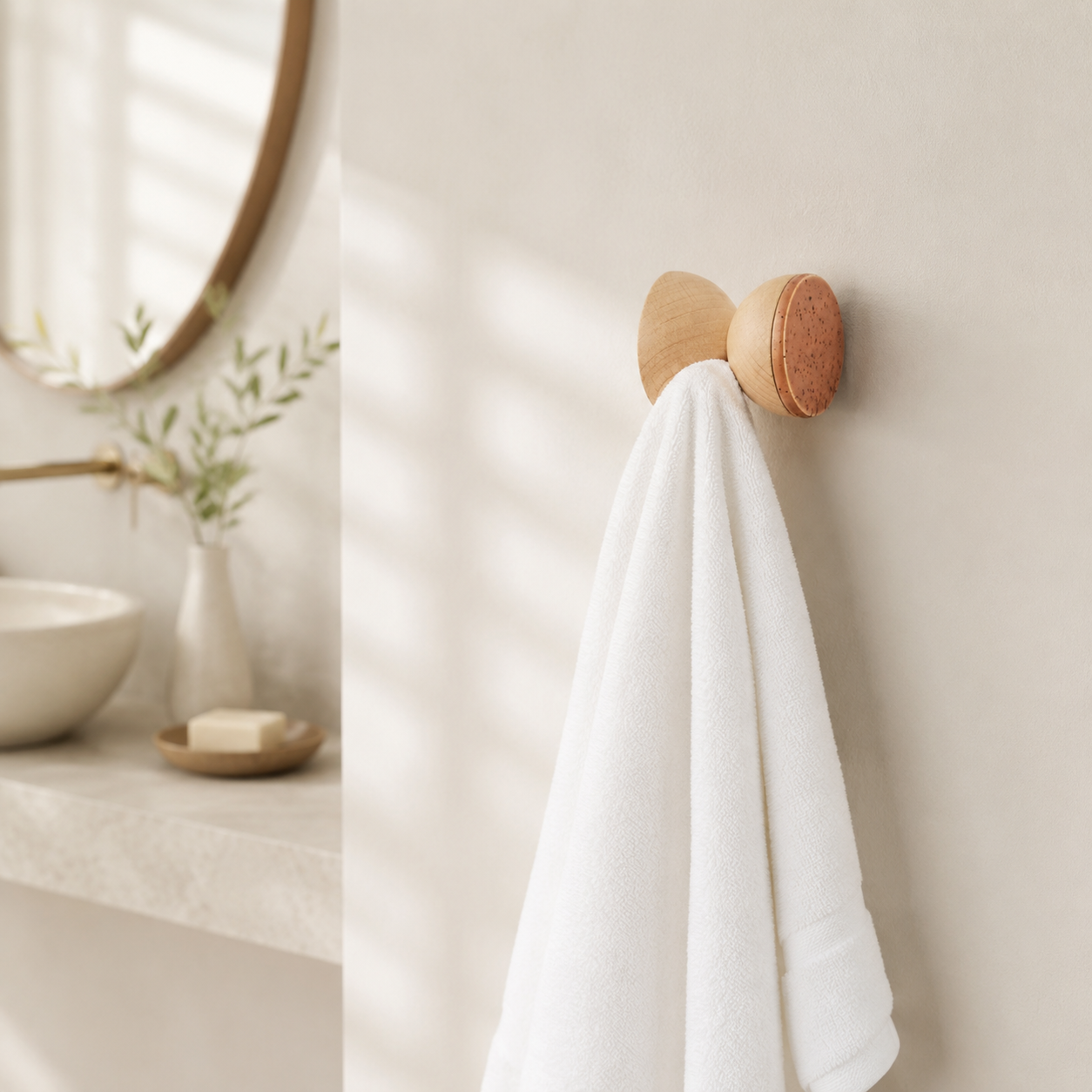 Wandhaken aus Buchenholz & Keramik – Terrakotta-Orange Sprenkel – im hellen Badezimmer