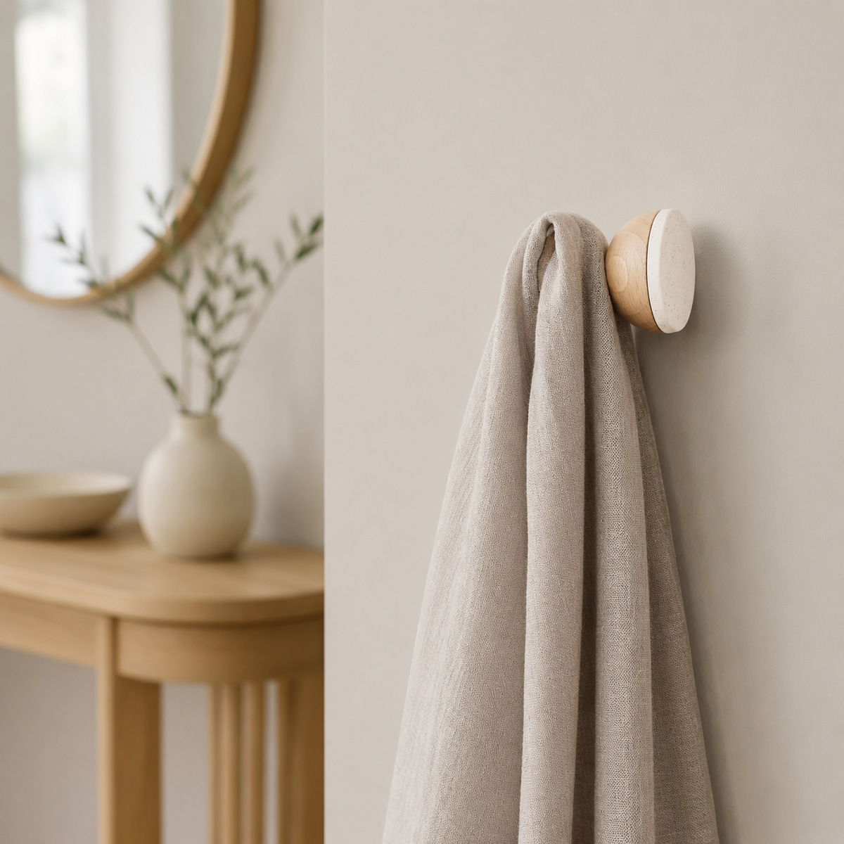 Wandhaken aus Buchenholz & Keramik – Weißer Sand – im eleganten Flurambiente