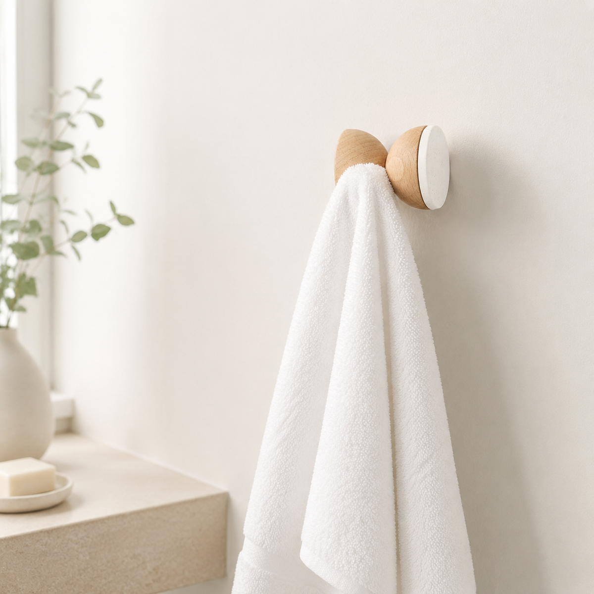 Wandhaken aus Buchenholz & Keramik – Weißer Sand – im hellen Badezimmer