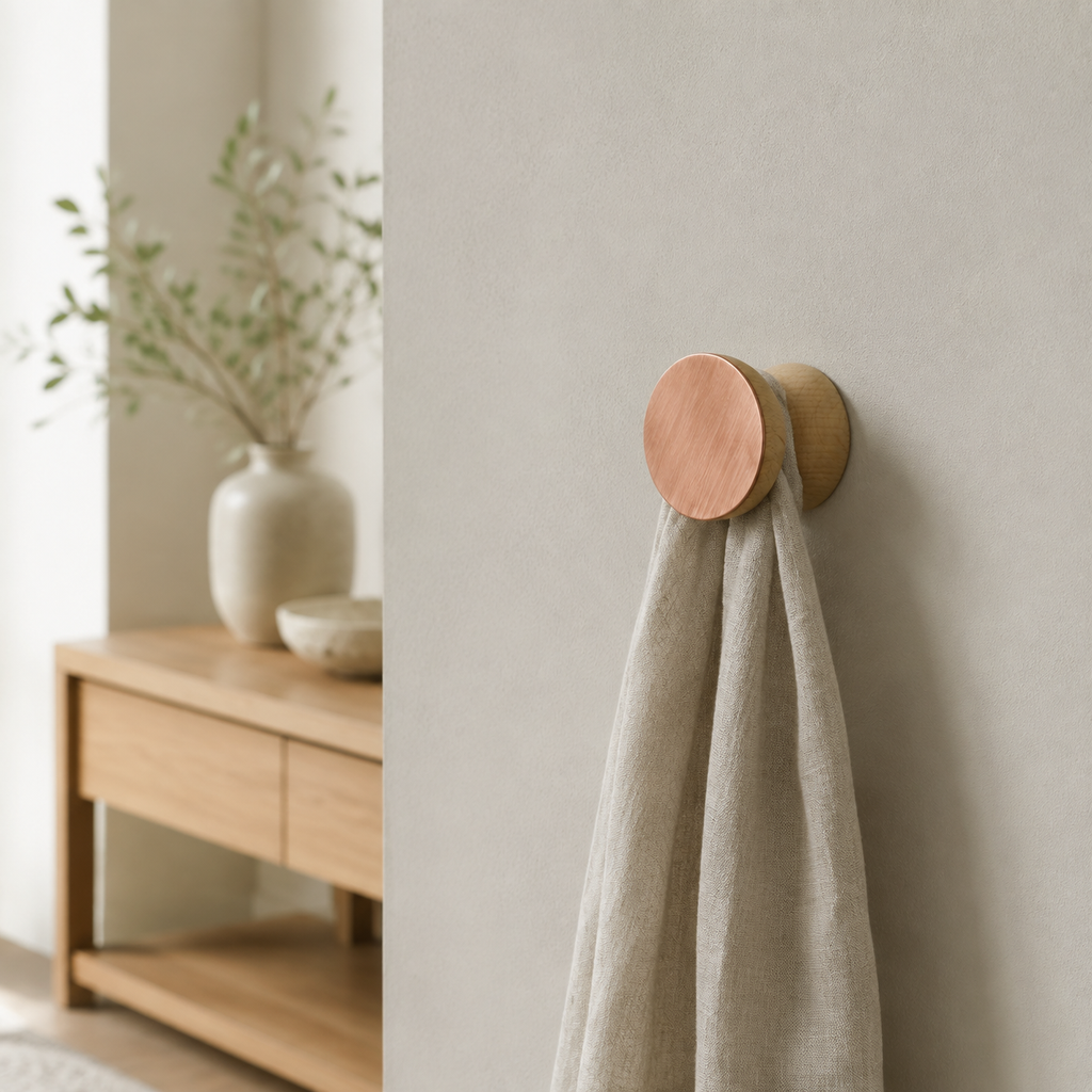 Wandhaken aus Buchenholz & Kupfer – im eleganten Flurambiente