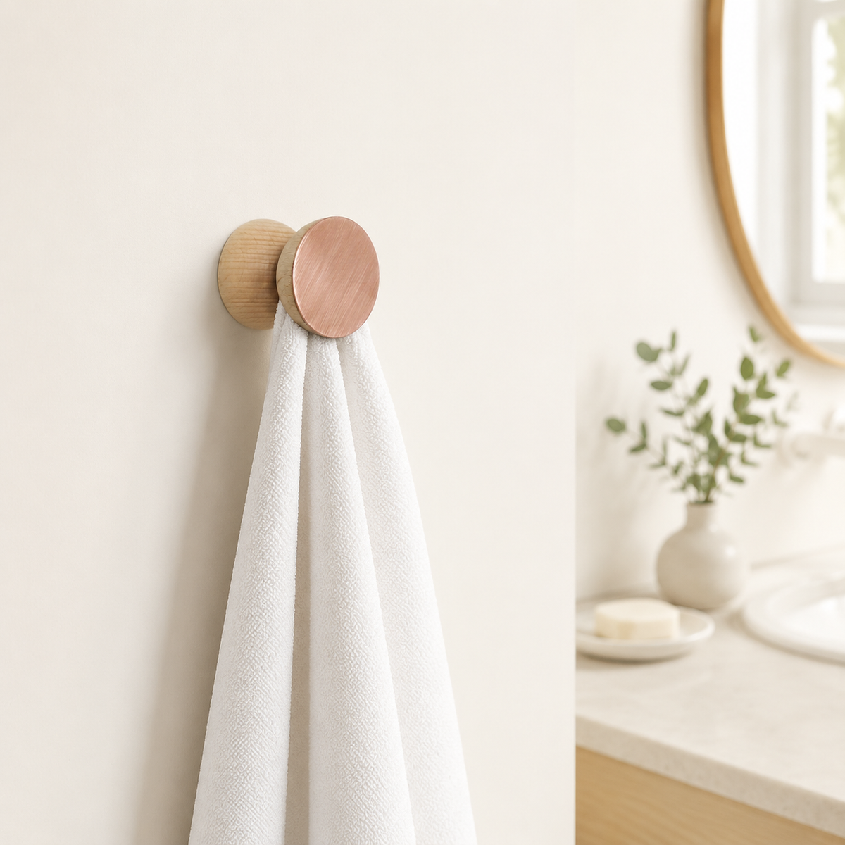 Wandhaken aus Buchenholz & Kupfer – im hellen Badezimmer