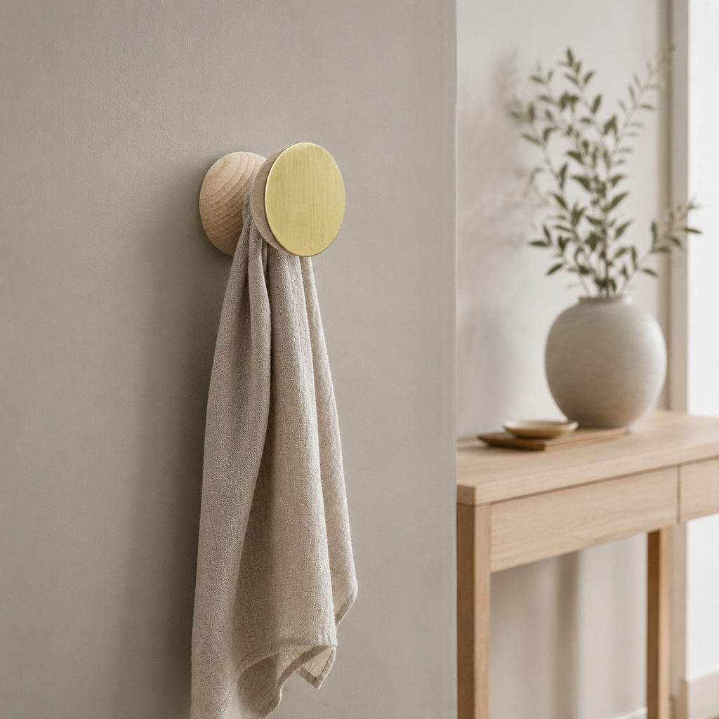 Wandhaken aus Buchenholz & Messing – im eleganten Flurambiente