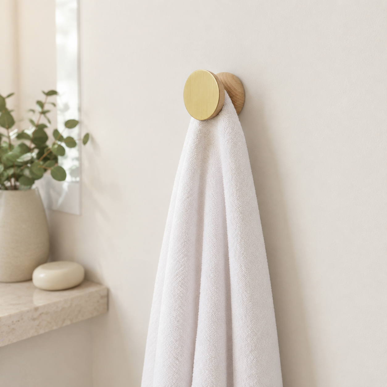 Wandhaken aus Buchenholz & Messing – im hellen Badezimmer