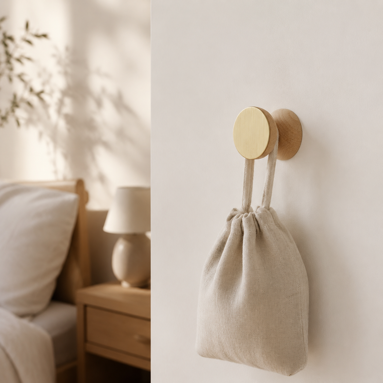 Wandhaken aus Buchenholz & Messing – im ruhigen Schlafzimmerambiente