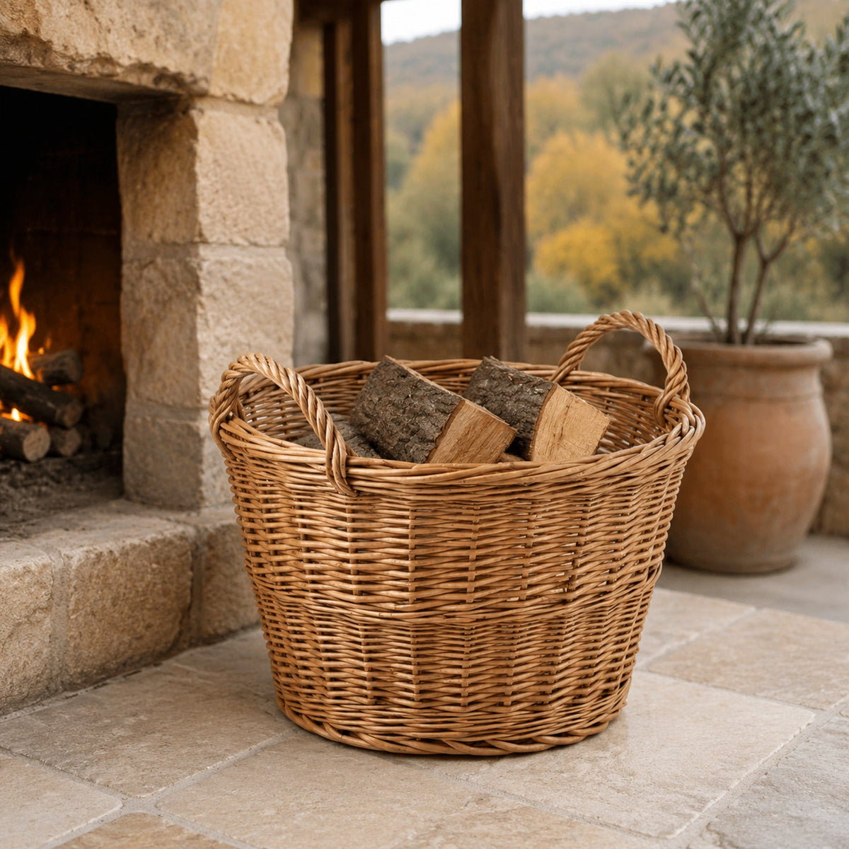 Kaminholzkorb aus Weide auf einer herbstlichen Terrasse