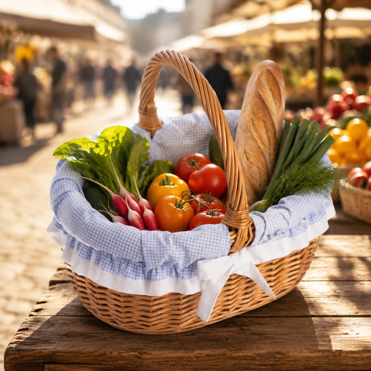 Werburga Weidenkorb mit frischem Gemüse auf dem Wochenmarkt