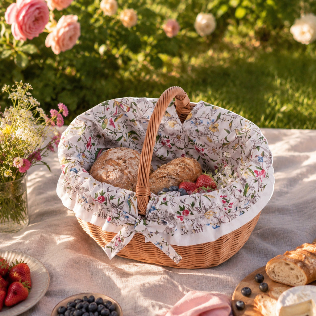 Werburga Weidenkorb mit weißem Futter beim Gartenpicknick