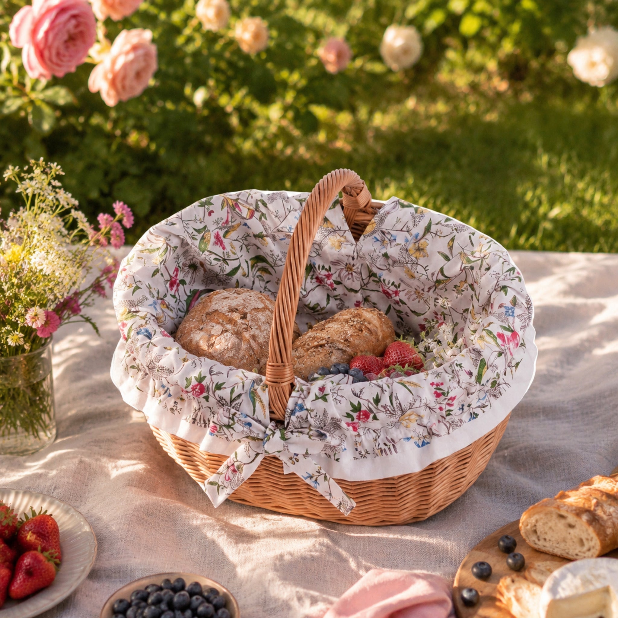 Werburga Weidenkorb mit weißem Futter beim Gartenpicknick