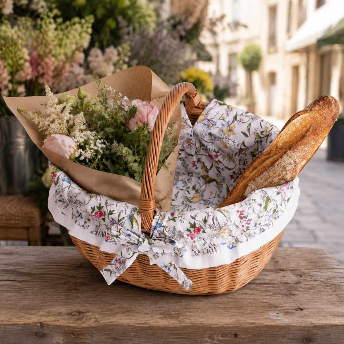 Werburga Weidenkorb mit Blumen und Baguette auf dem Markt