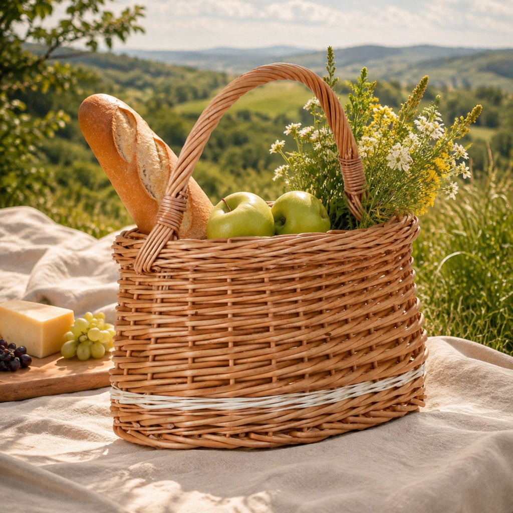 Wiborada Weidenkorb beim Picknick mit Brot und Äpfeln
