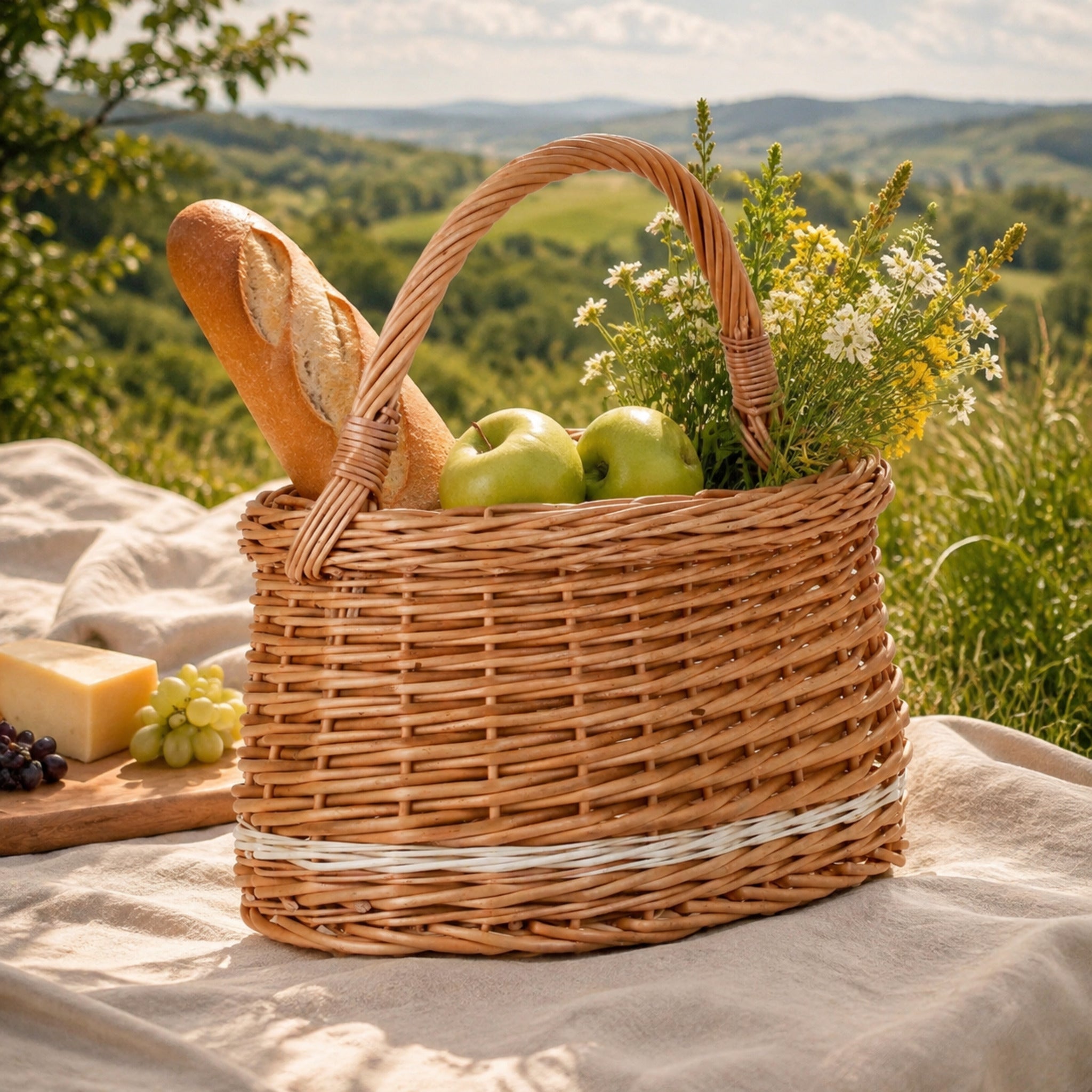 Wiborada Weidenkorb beim Picknick mit Brot und Äpfeln