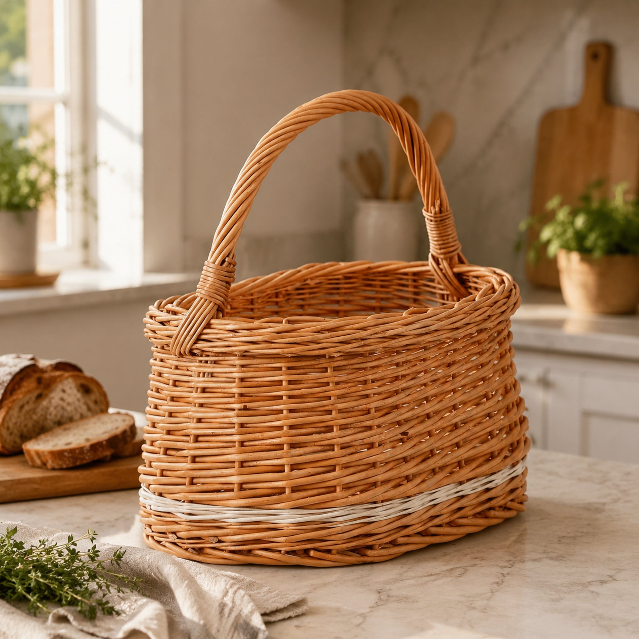 Wiborada Naturkorb mit Brot in einer hellen Küche