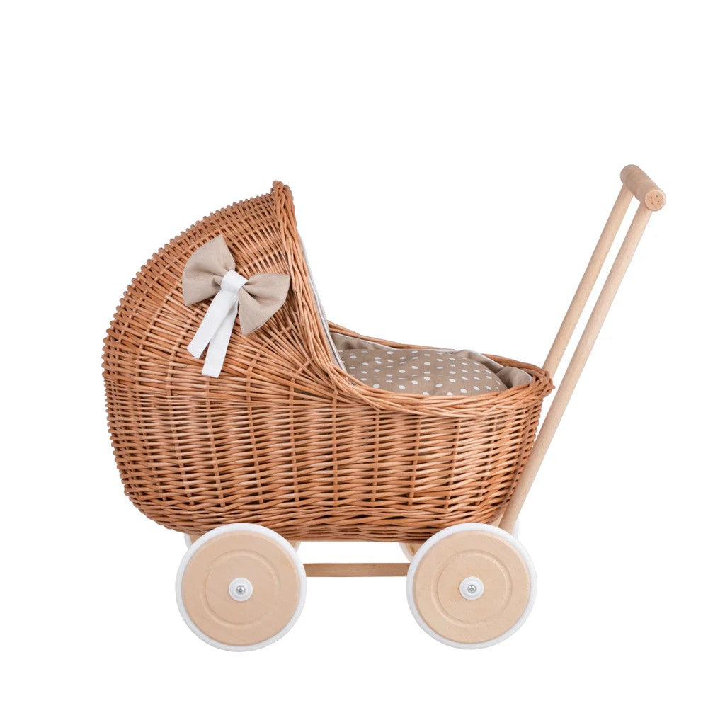Wicker Doll Pram Lili – Beige Bedding