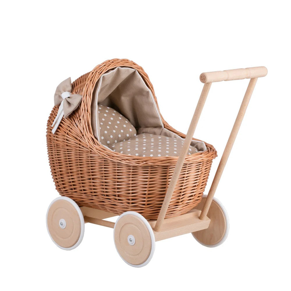Wicker Doll Pram Lili – Beige Bedding